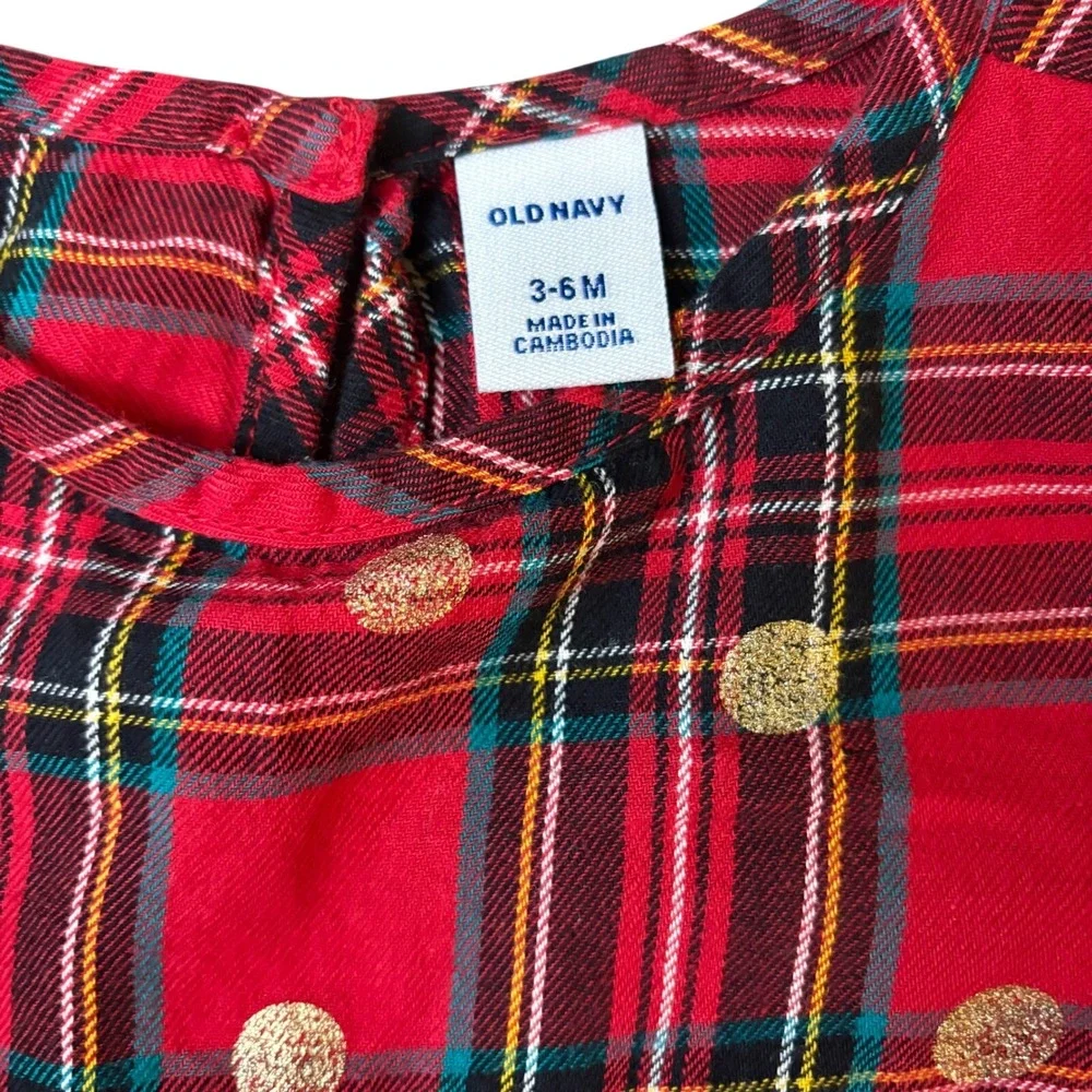 Old Navy Baby Girls Red Plaid Dress Gold Polka Dots Pleats Christmas Holiday 3-6
